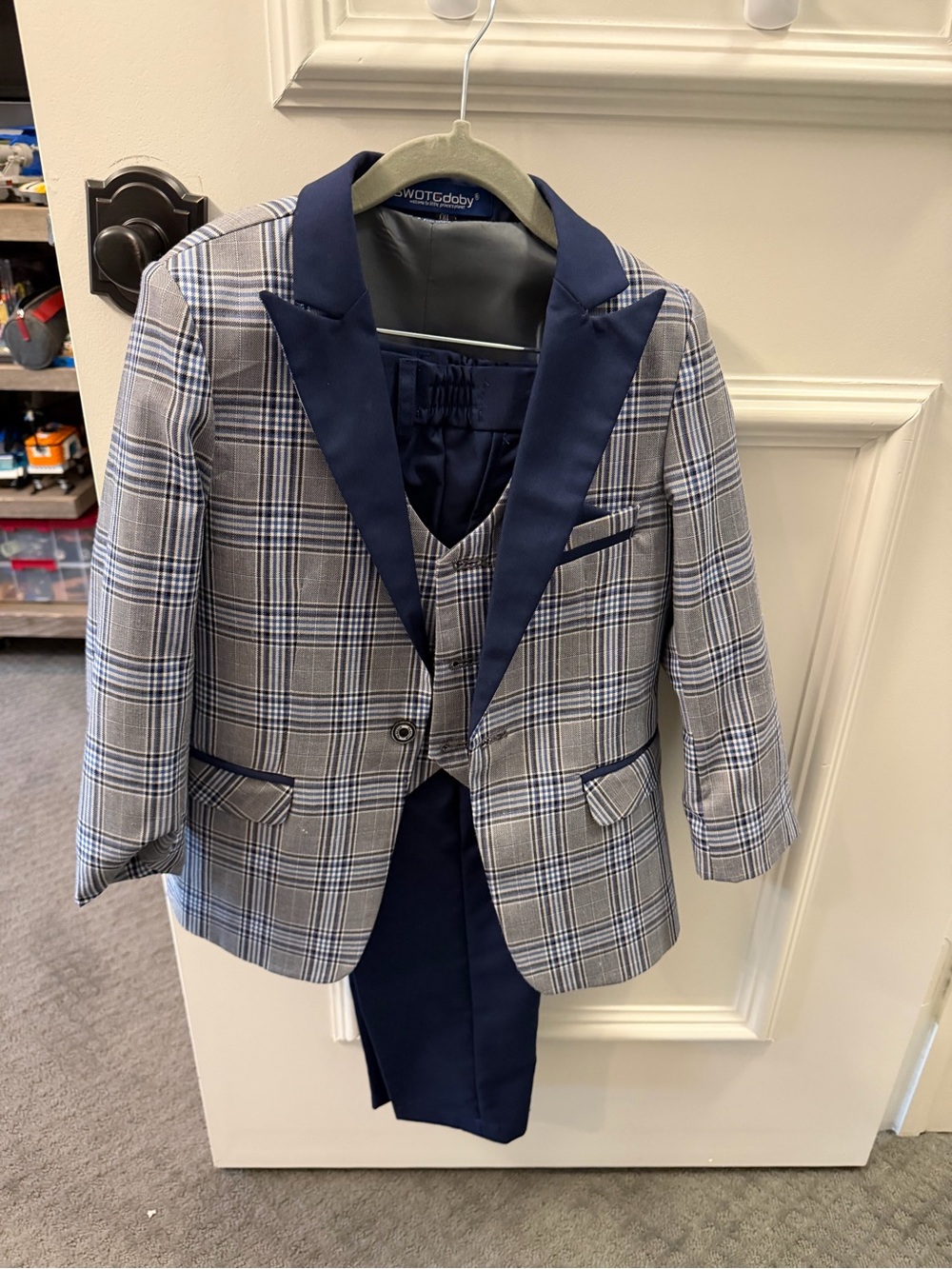 Boys Navy & Gray Plaid Suit with Satin Lapel - WOTC baby